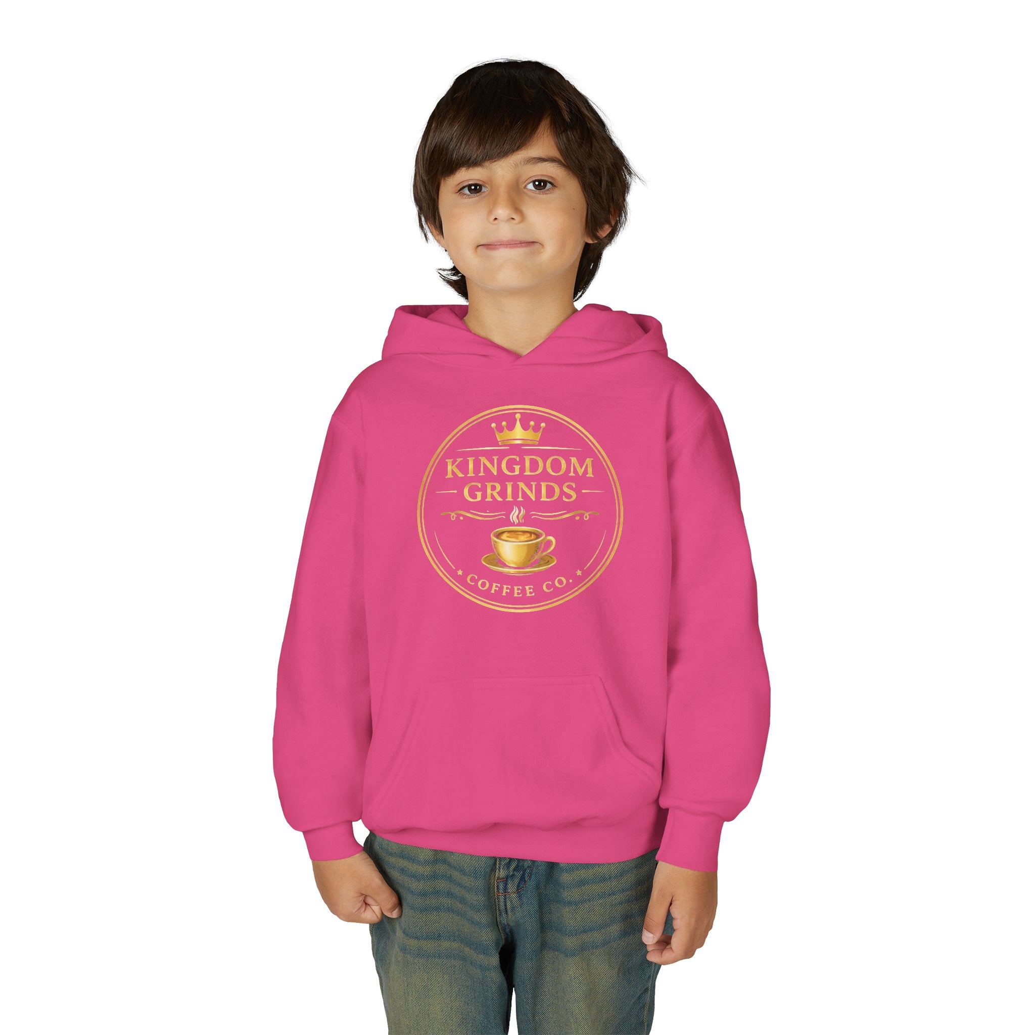 Youth Hoodie — "Kingdom Grinds" Coffee with a Purpose Graphic