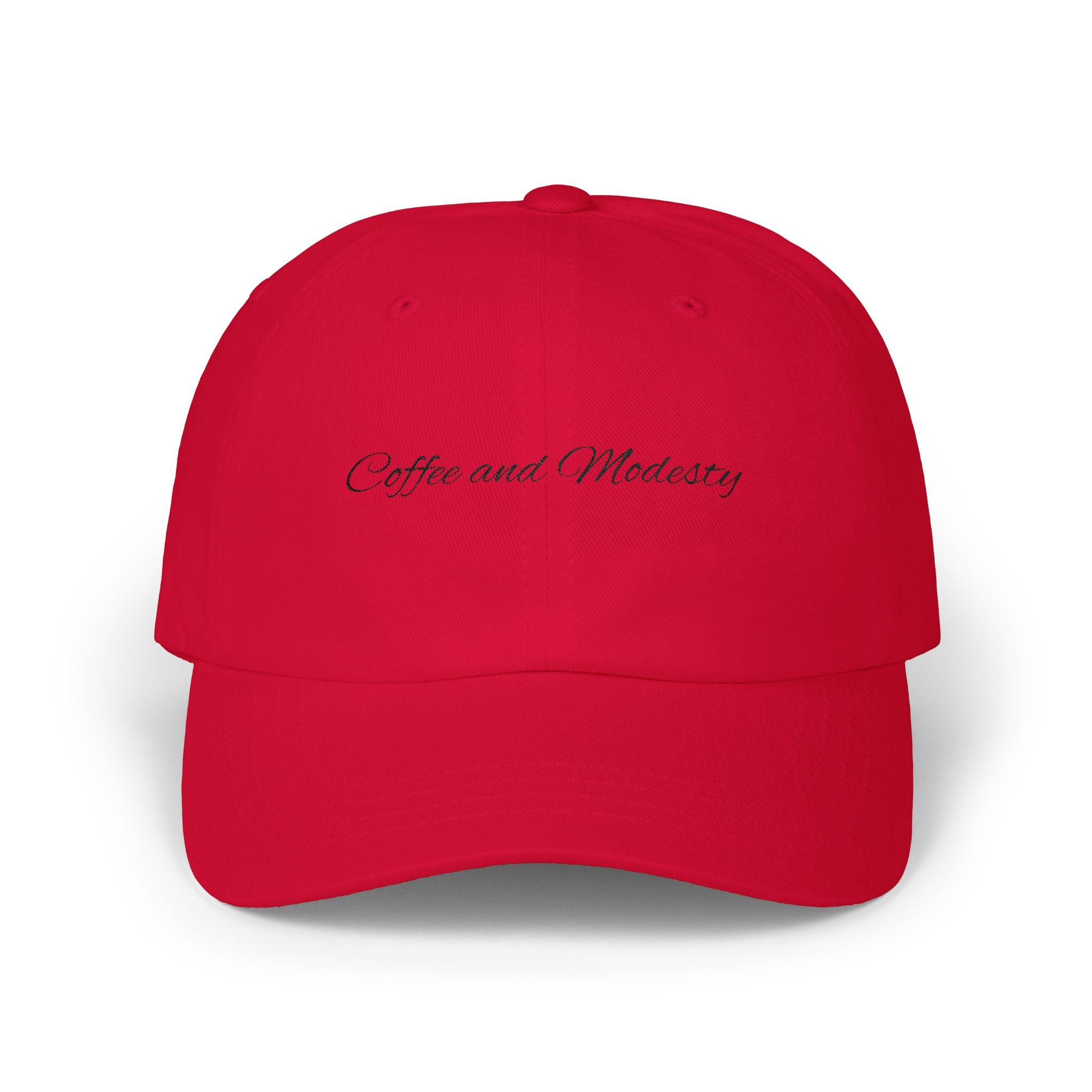 Baseball Cap — "Coffee and Modesty" Embroidered White Baseball Hat