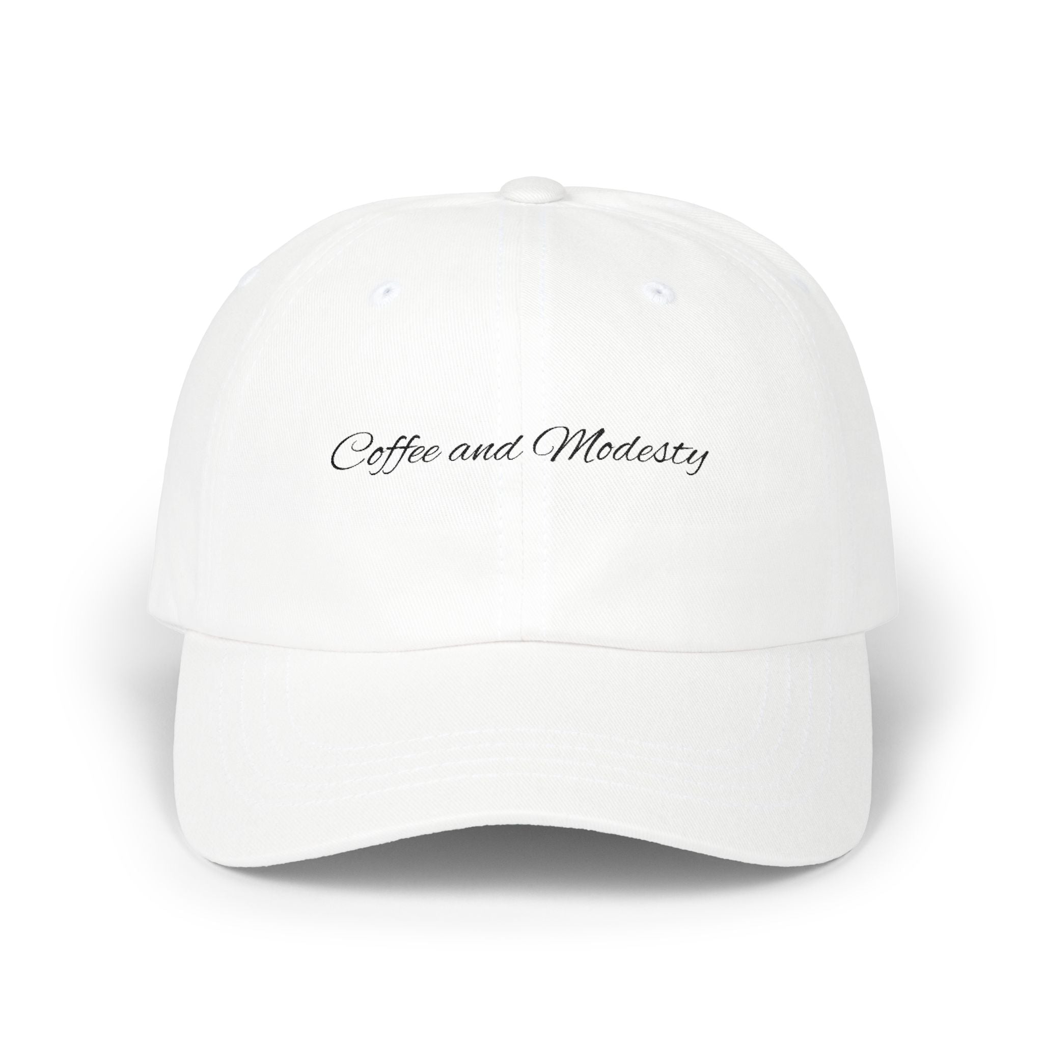 Baseball Cap — "Coffee and Modesty" Embroidered White Baseball Hat