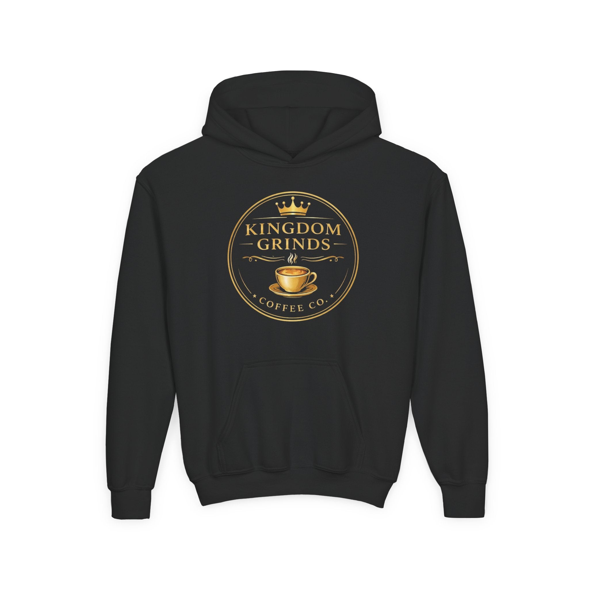 Youth Hoodie — "Kingdom Grinds" Coffee with a Purpose Graphic