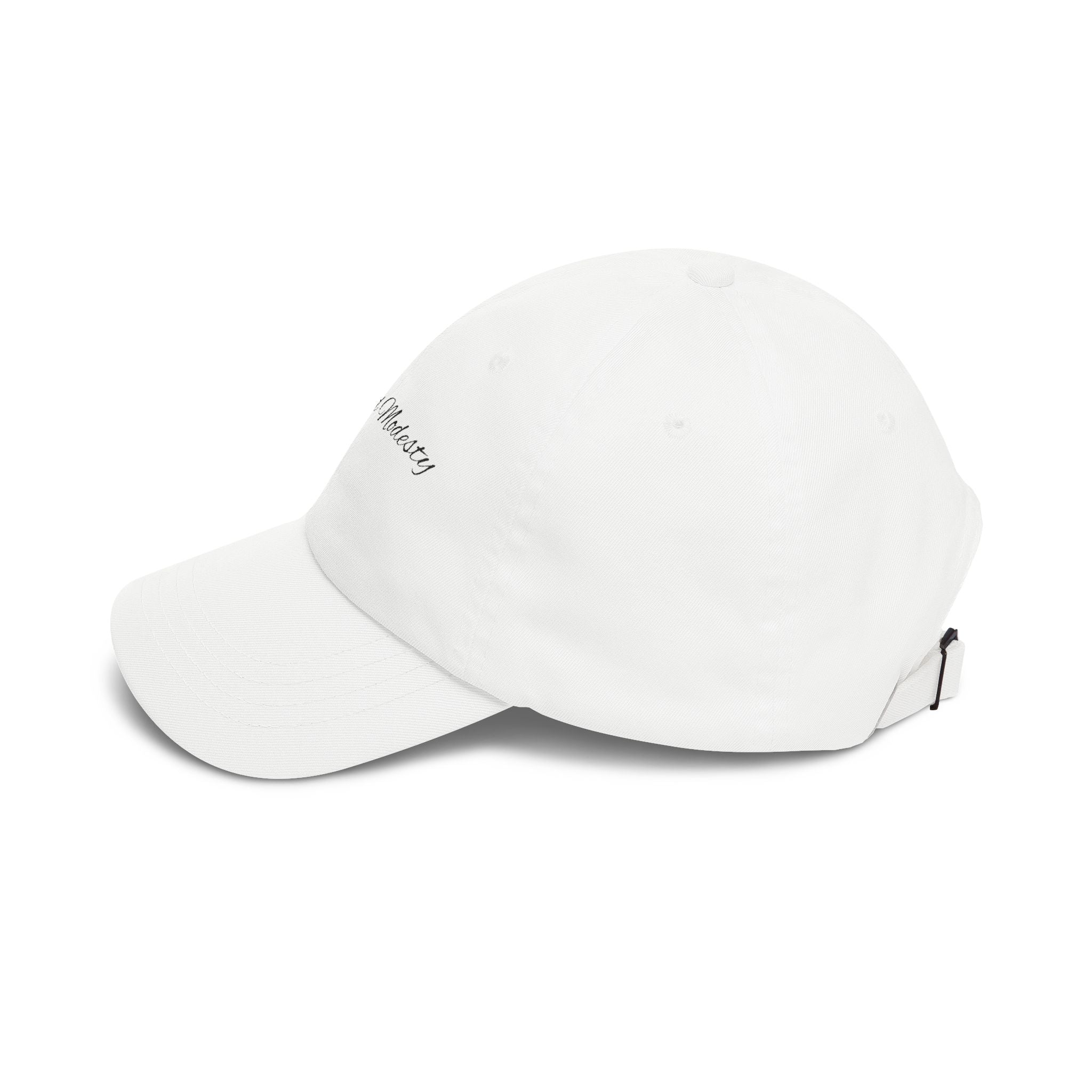 Baseball Cap — "Coffee and Modesty" Embroidered White Baseball Hat