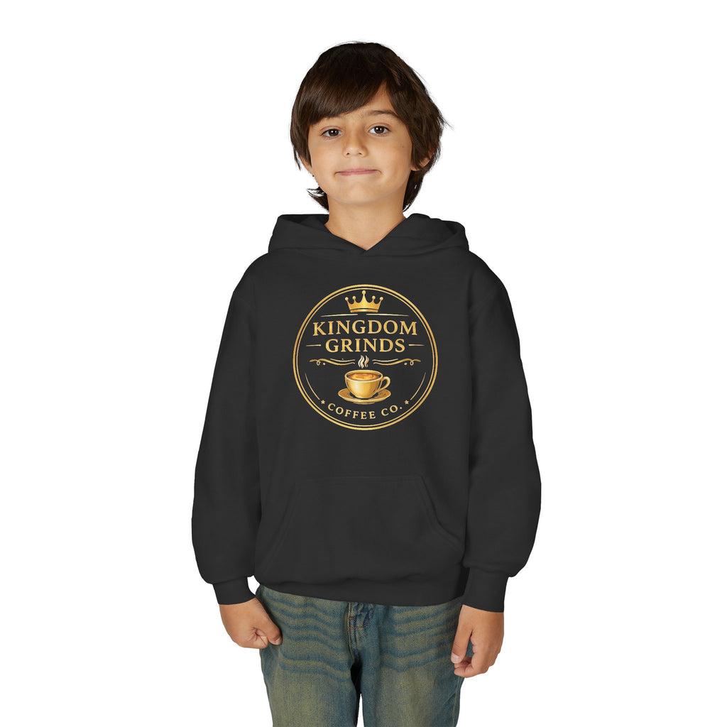 Youth Hoodie — "Kingdom Grinds" Coffee with a Purpose Graphic