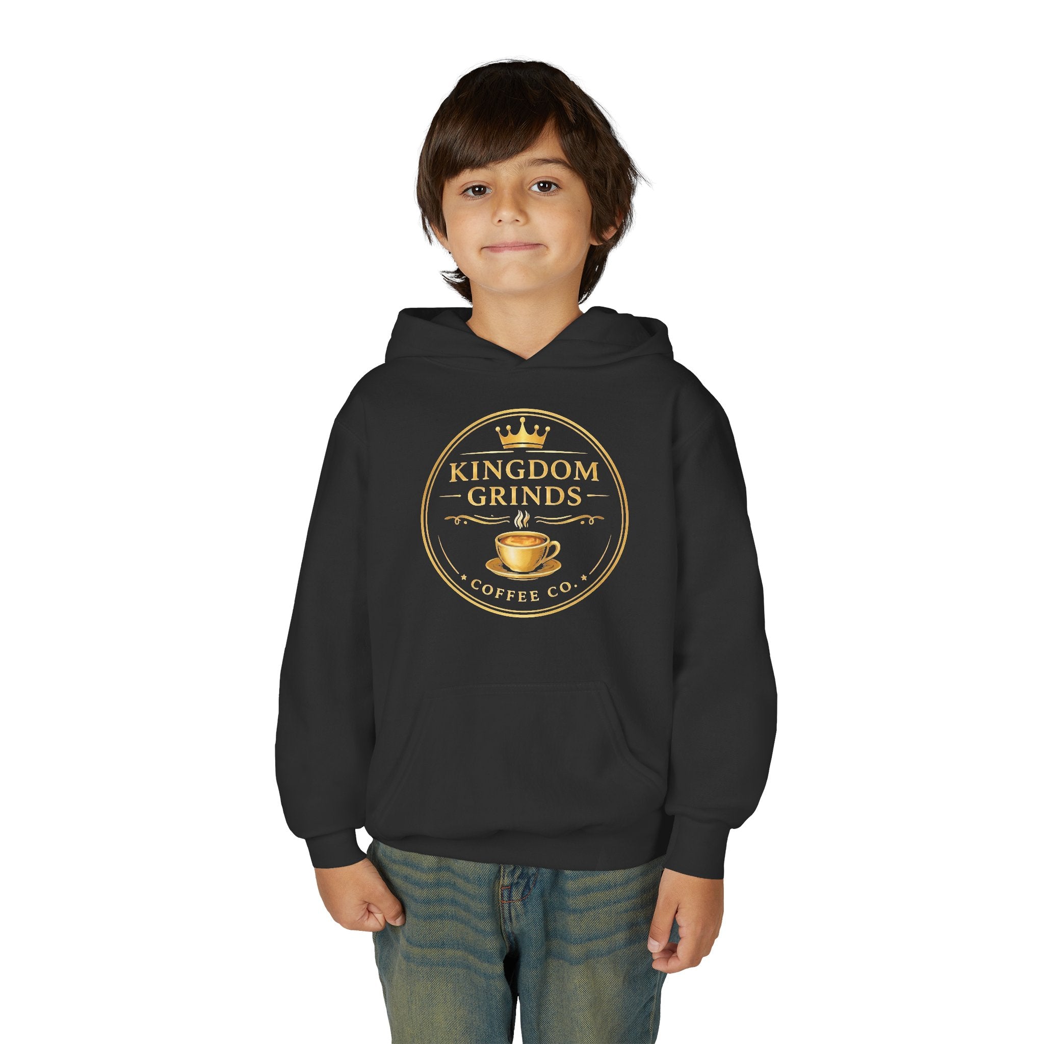 Youth Hoodie — "Kingdom Grinds" Coffee with a Purpose Graphic
