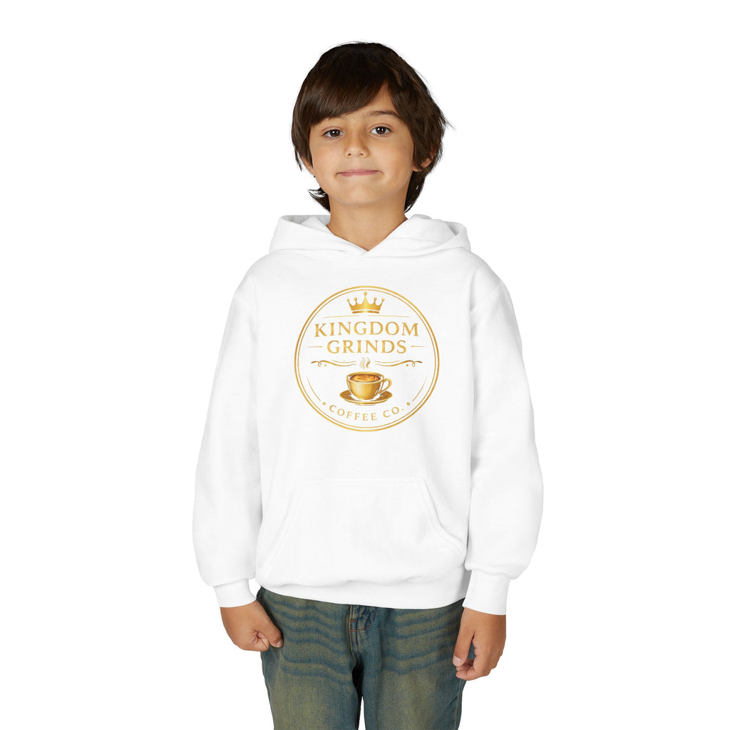 Youth Hoodie — "Kingdom Grinds" Coffee with a Purpose Graphic