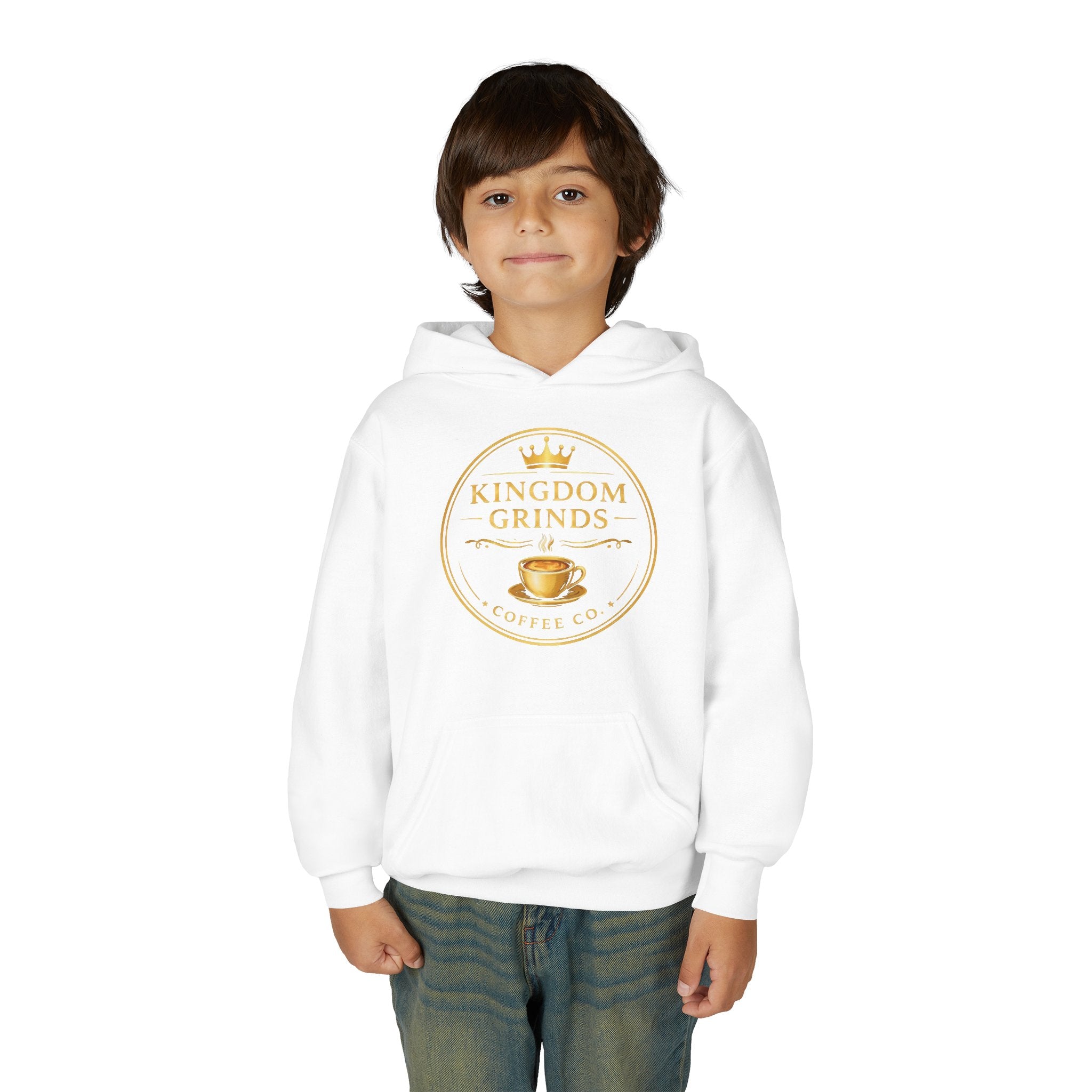 Youth Hoodie — "Kingdom Grinds" Coffee with a Purpose Graphic