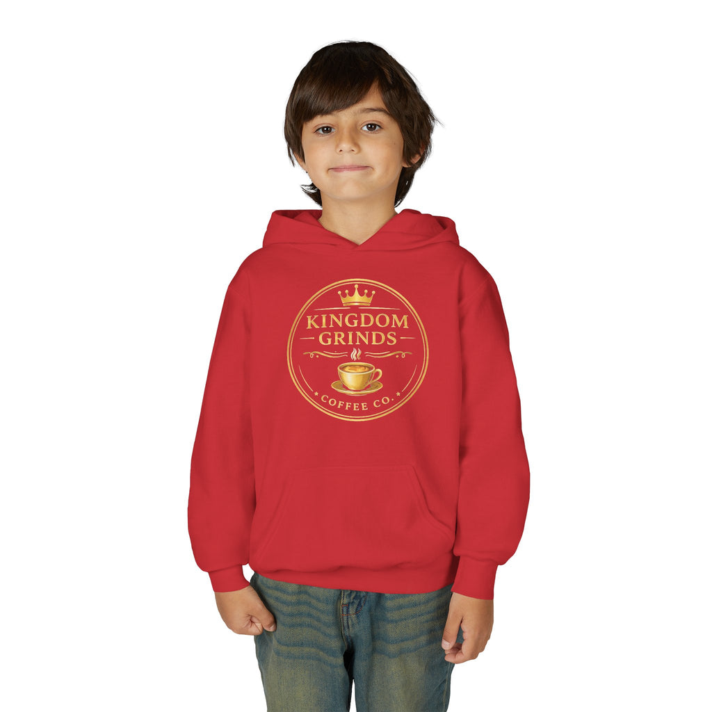Youth Hoodie — "Kingdom Grinds" Coffee with a Purpose Graphic