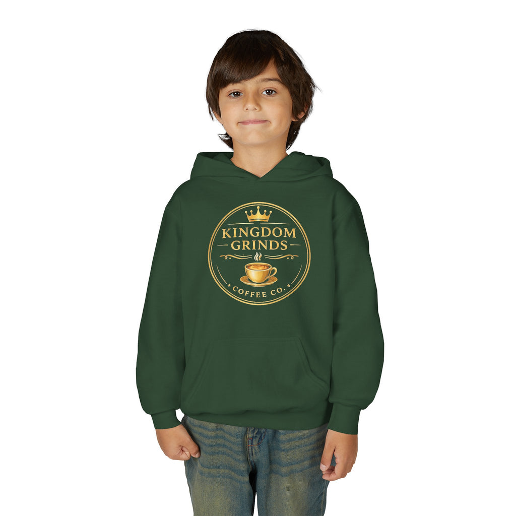 Youth Hoodie — "Kingdom Grinds" Coffee with a Purpose Graphic