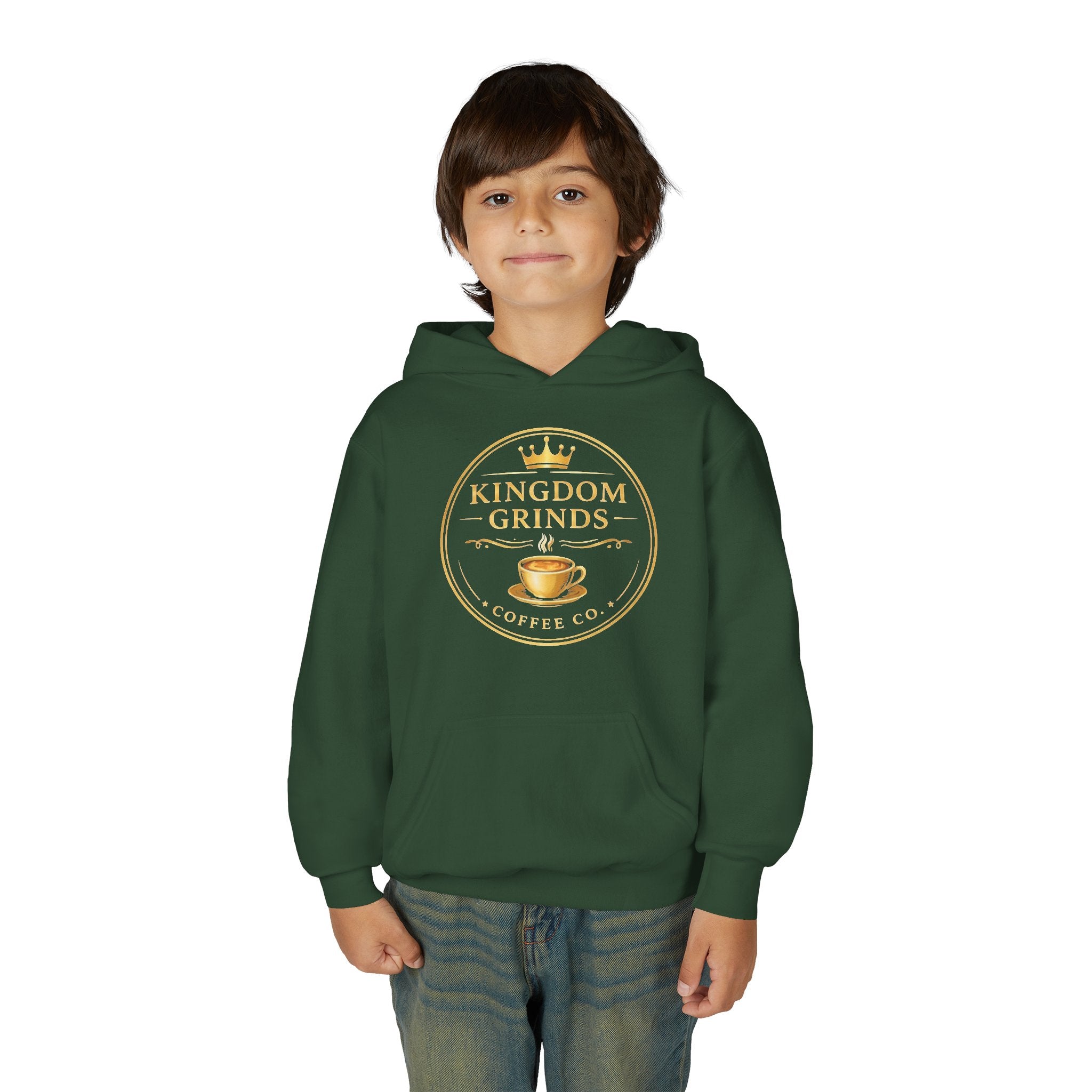 Youth Hoodie — "Kingdom Grinds" Coffee with a Purpose Graphic