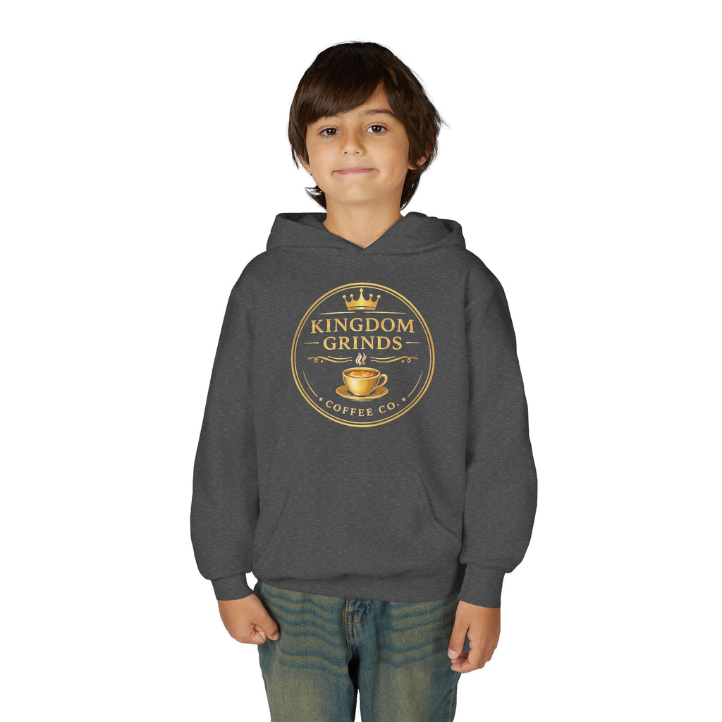 Youth Hoodie — "Kingdom Grinds" Coffee with a Purpose Graphic