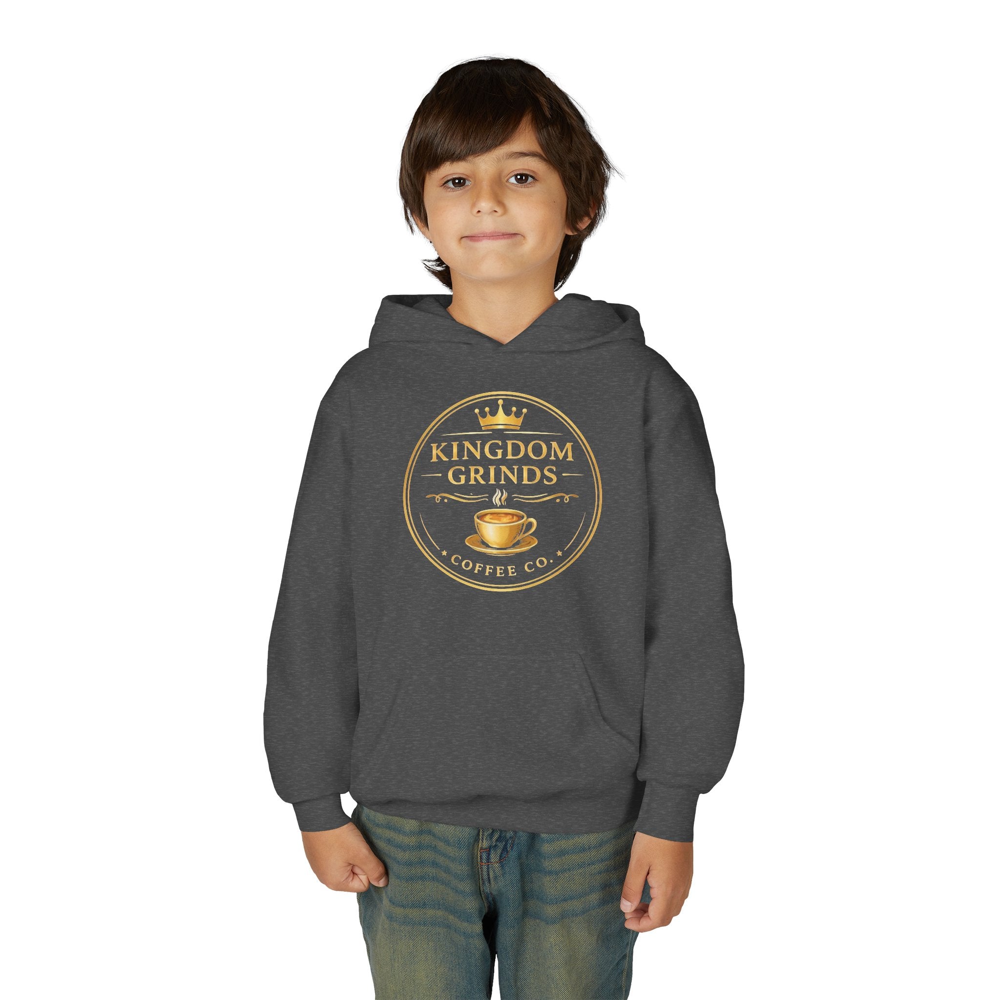 Youth Hoodie — "Kingdom Grinds" Coffee with a Purpose Graphic