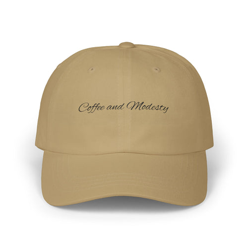 Baseball Cap — "Coffee and Modesty" Embroidered White Baseball Hat