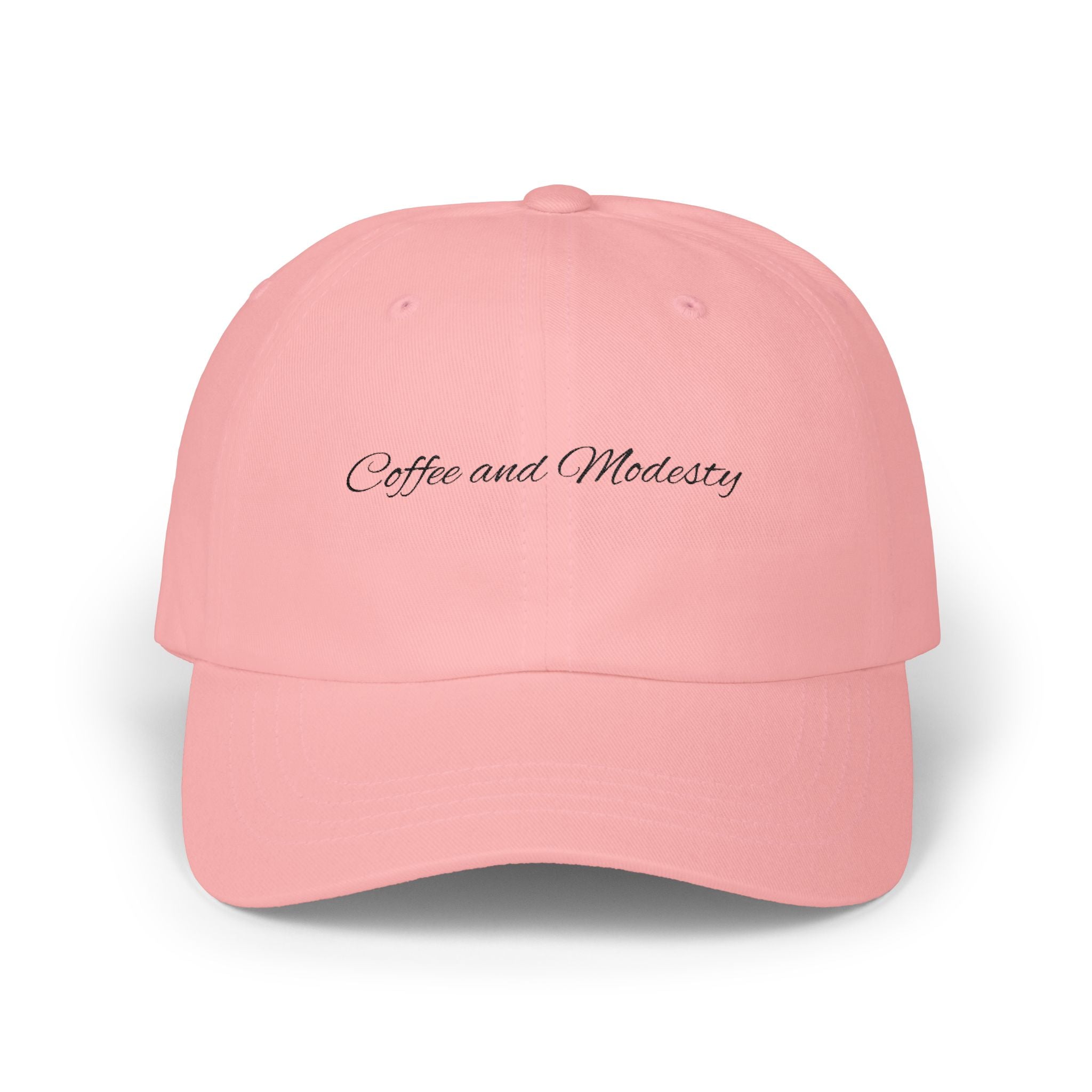 Baseball Cap — "Coffee and Modesty" Embroidered White Baseball Hat