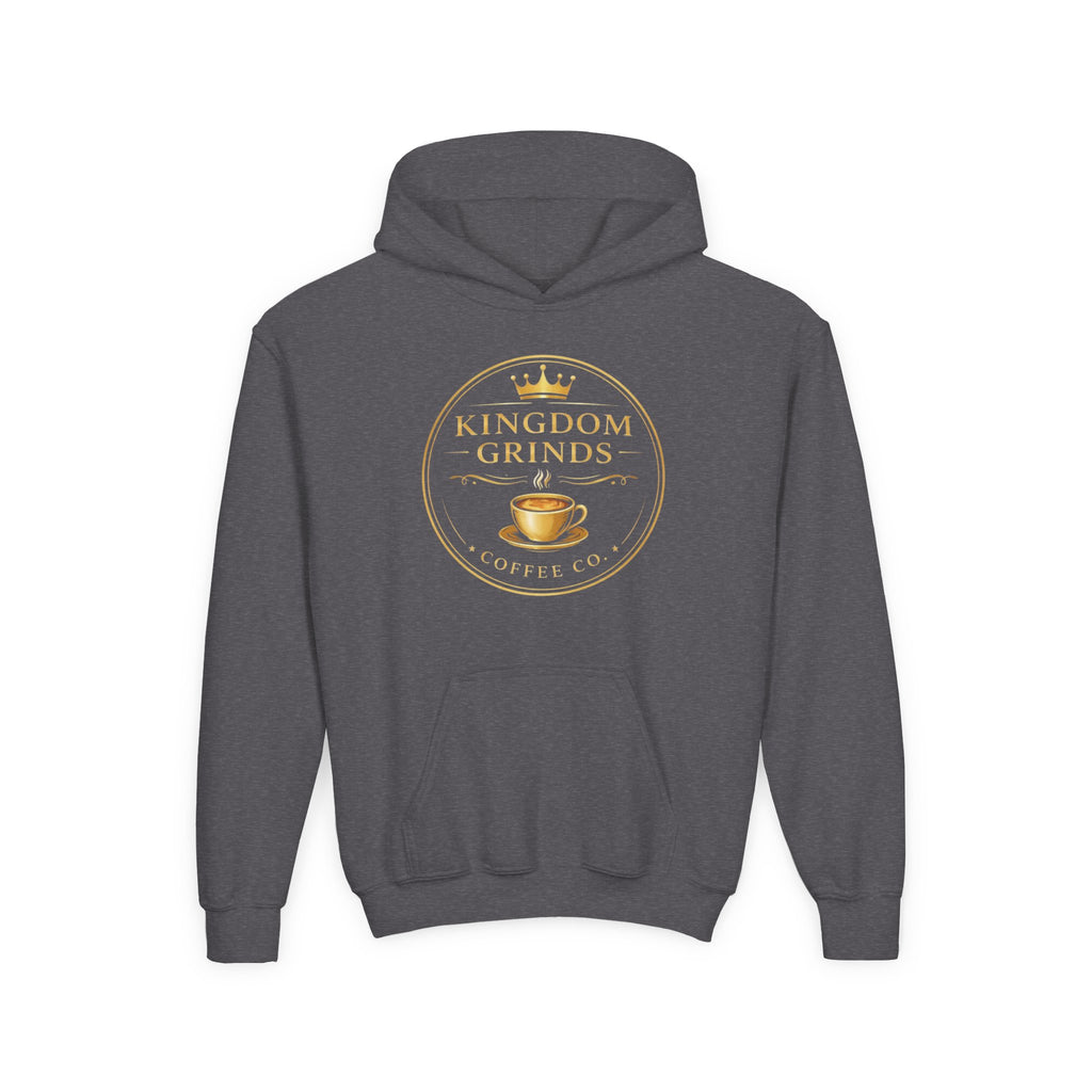 Youth Hoodie — "Kingdom Grinds" Coffee with a Purpose Graphic