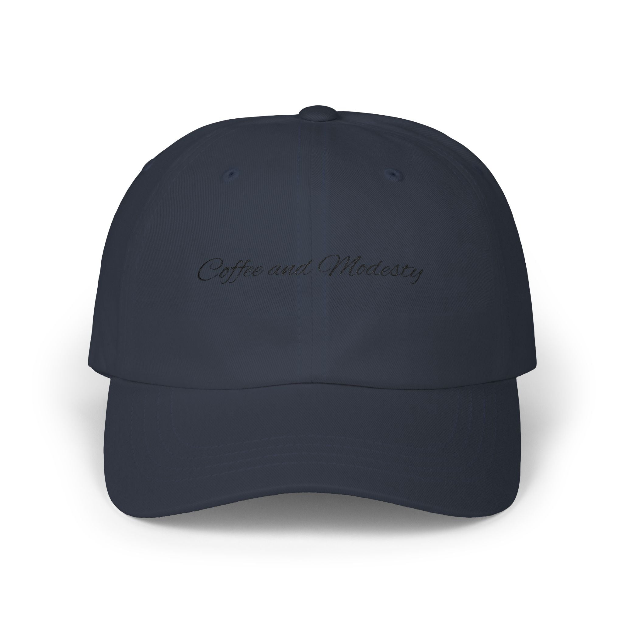 Baseball Cap — "Coffee and Modesty" Embroidered White Baseball Hat